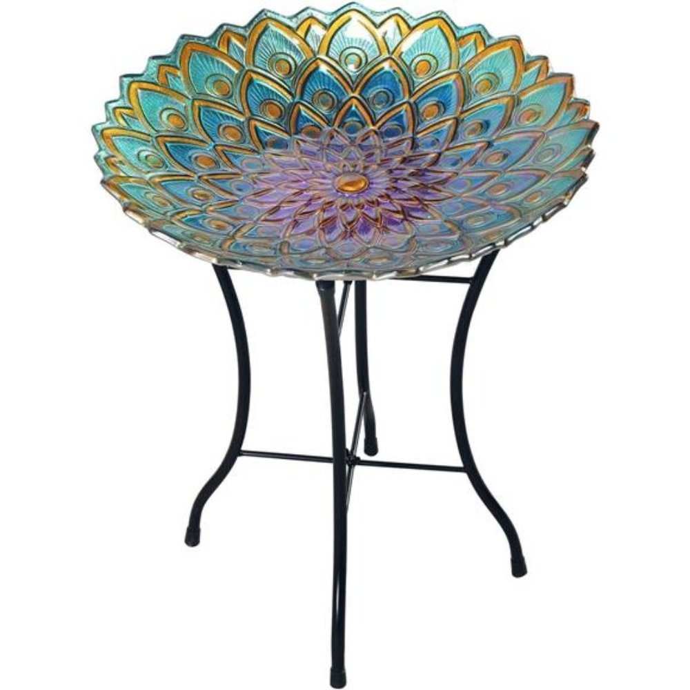 Handpainted Mosaic FlowerFusion Glass Pedestal BirdBath for Outdoor Patio Garden